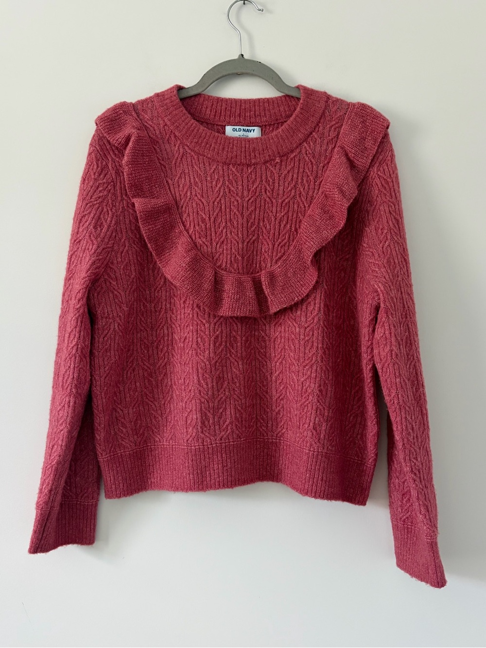 Old Navy Wool Blend Cropped Ruffle Cable Knit Sweater Mauve Rose Large